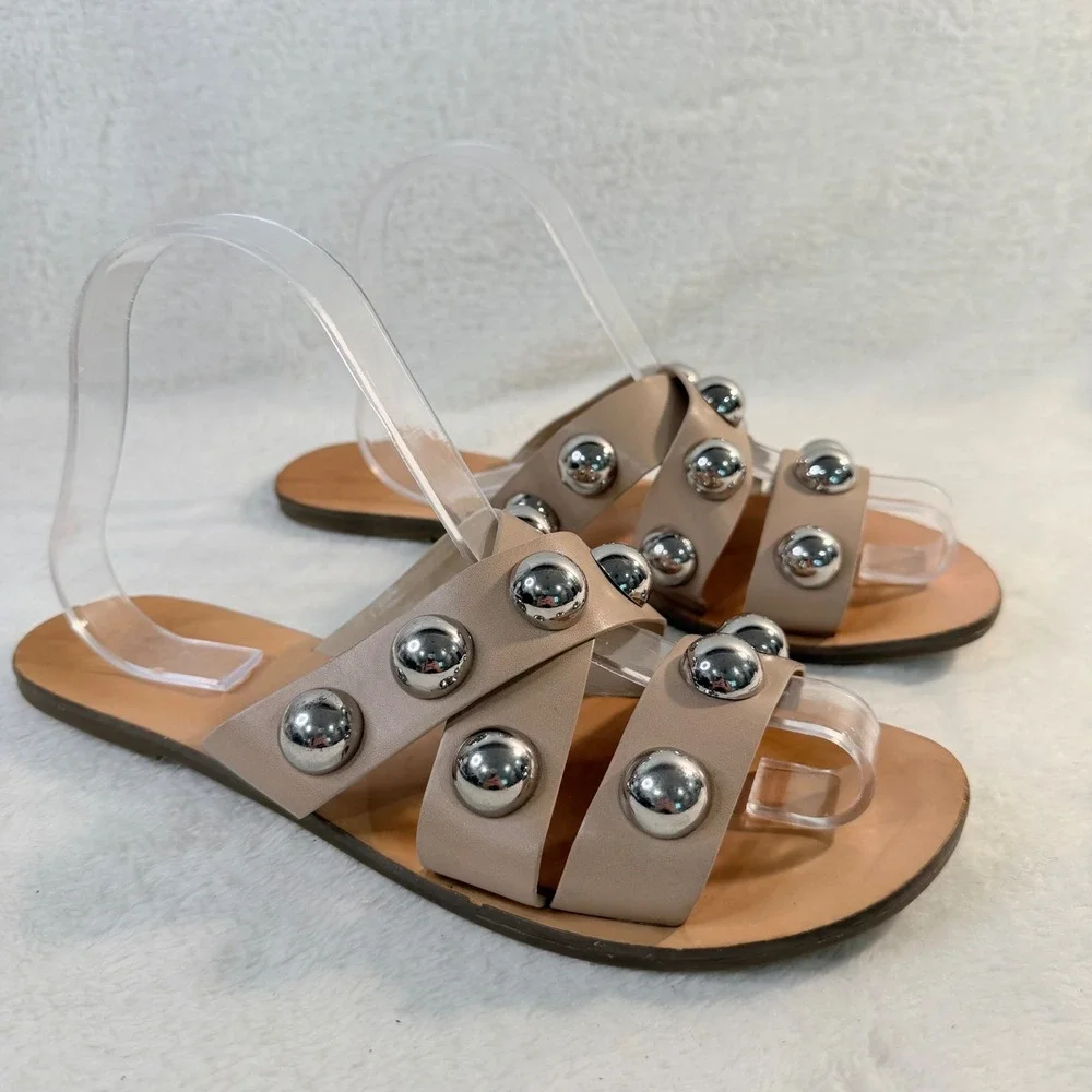 Marc Fisher Bryte2 Slide Sandals Womens 8.5 Nude Studded Flat Crisscross Straps